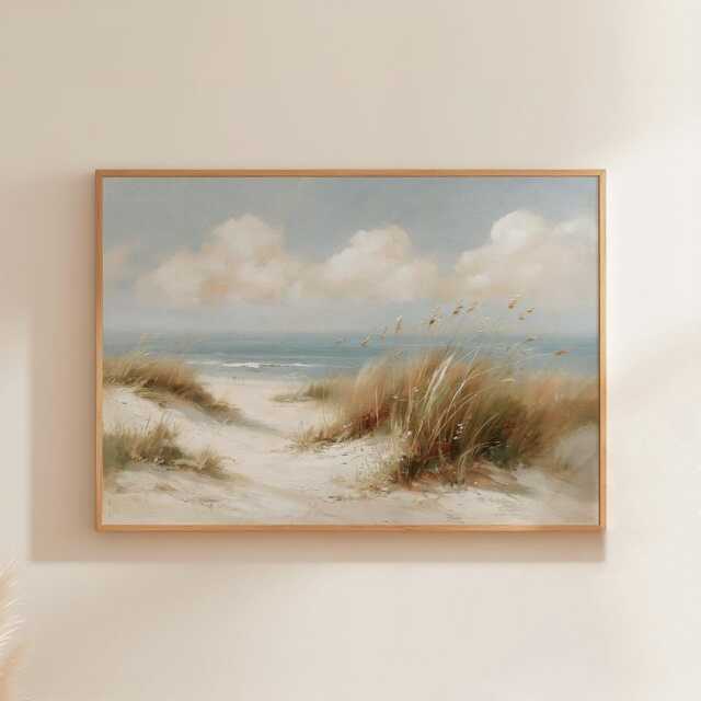 Coastal Dune Poster, Blue Beach Print, Seascape Wall Art, Paper - image 1