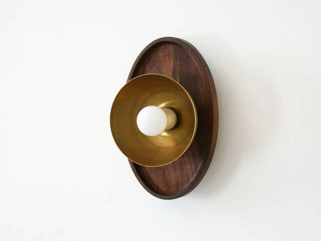 Walnut & Brass Dome Wall Sconce - Ellipse Hallway Light Fixture - image 1