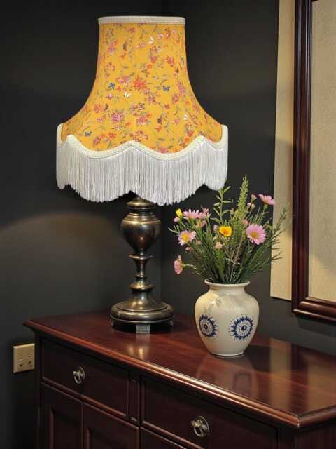 Ochre Butterfly Floral Lampshade With Antique Gold Fringe Handmade For Ceiling Lights, Table & Floor Standard Lamp Shades, Wall Lights - image 1