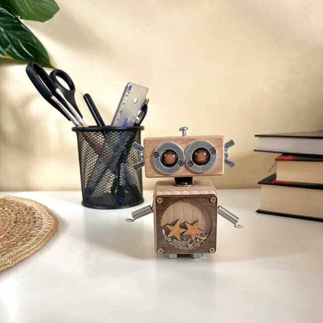 Handmade Wooden Robot Toy Steampunk Desk Decor, College Student Gift - image 1