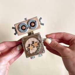 Handmade Wooden Robot Toy Steampunk Desk Decor, College Student Gift - thumbnail 2