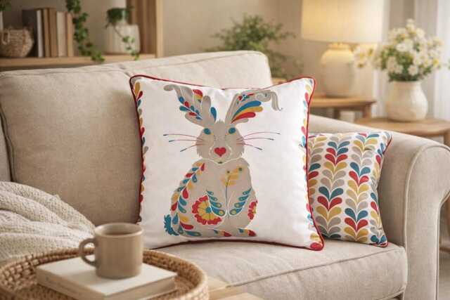 Rabbit Cushion - Folk Art Bunny Decorative Throw Pillow, Whimsical Woodland Home Decor - image 1