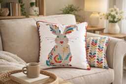Rabbit Cushion - Folk Art Bunny Decorative Throw Pillow, Whimsical Woodland Home Decor - thumbnail 1