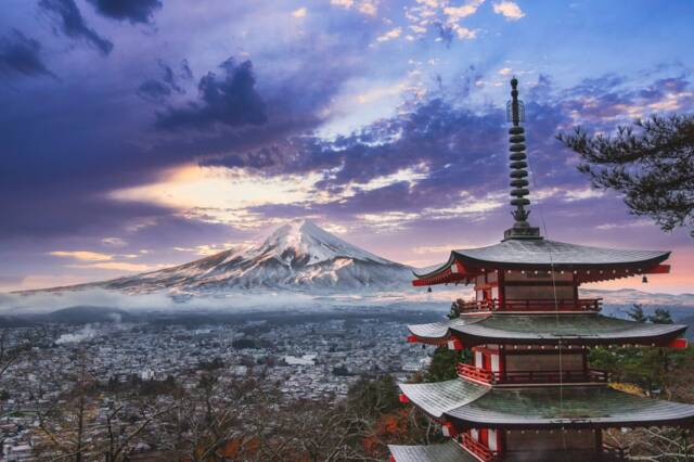 Mount Fuji - Mountain Wall Art Sunset Print Landscape Large Canvas Panoramic Photo Japan Temple