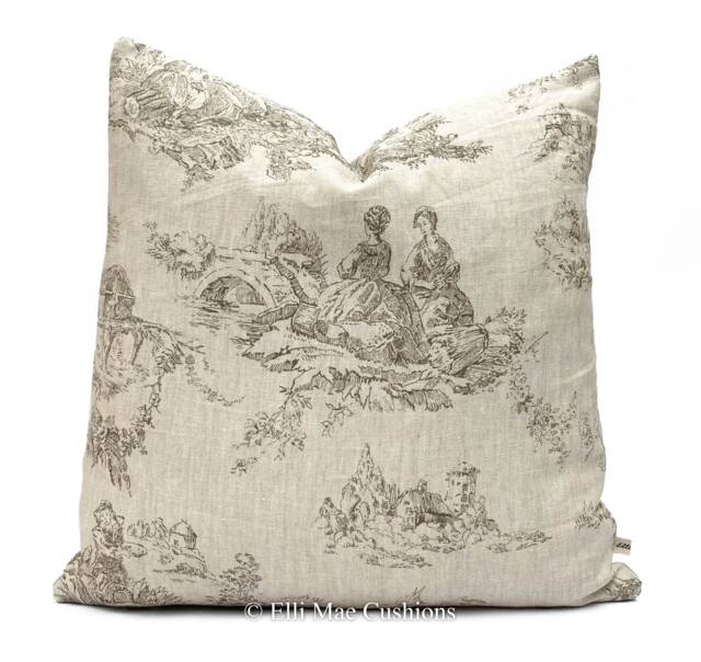 Cabbages & Roses Designer Linen Toile De Poulet Grey Sofa Cushion Pillow Cover - image 1