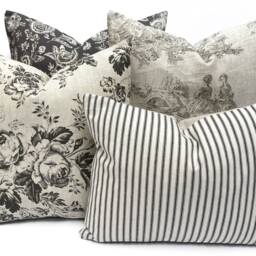 Cabbages & Roses Designer Linen Toile De Poulet Grey Sofa Cushion Pillow Cover - thumbnail 3