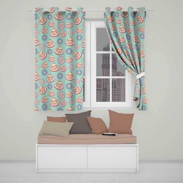 Kawaii Chick Sitting On Donut With Flowers Seamless Pattern Mint Background Readymade Eyelet Ring Top Thermal 100% Blackout Curtains - image 1