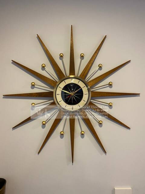 Handmade Mid Century Starburst Clock Teakwood Rays, Goldtone Accents - 27 Inch - image 1