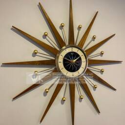 Handmade Mid Century Starburst Clock Teakwood Rays, Goldtone Accents - 27 Inch - thumbnail 2