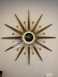 Handmade Mid Century Starburst Clock Teakwood Rays, Goldtone Accents - 27 Inch
