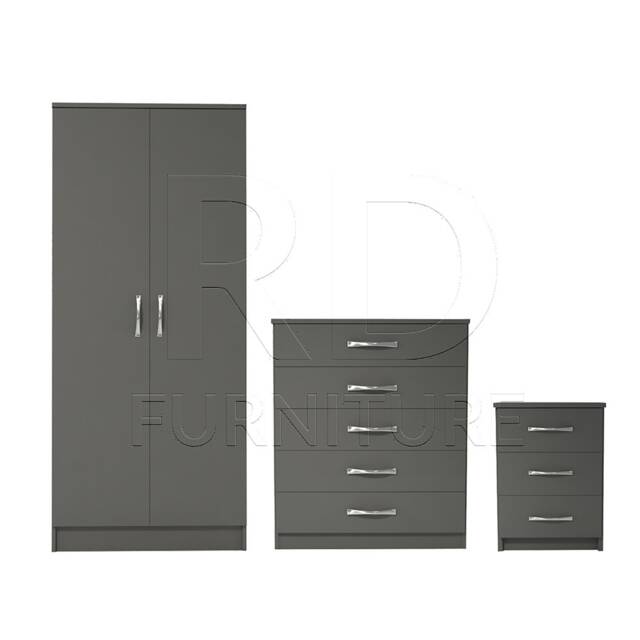 Bedroom Set, Grey Set, Wardrobe, Chest Of Drawers & Bedside Table. Ready Assembled - image 1