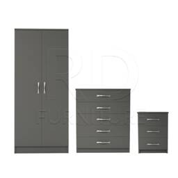 Bedroom Set, Grey Set, Wardrobe, Chest Of Drawers & Bedside Table. Ready Assembled - thumbnail 1