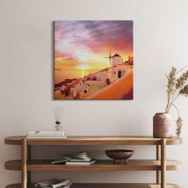Santorini With An Old Windmill Canvas, Wall Art Picture, Orange Decoration, Travel Canvas - image 1