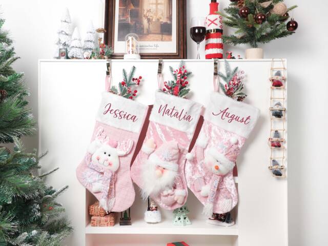 Pink Christmas Stocking, Personalized Stocking Christmas, Monogram 3D Gift, Collection Bag, Ornament - image 1
