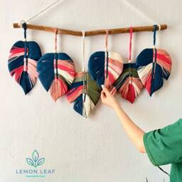 Colorful Monstera Macrame Wall Hanging Boho Feather Decor - thumbnail 3