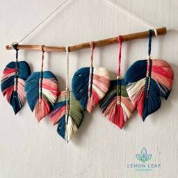 Colorful Monstera Macrame Wall Hanging Boho Feather Decor - thumbnail 4
