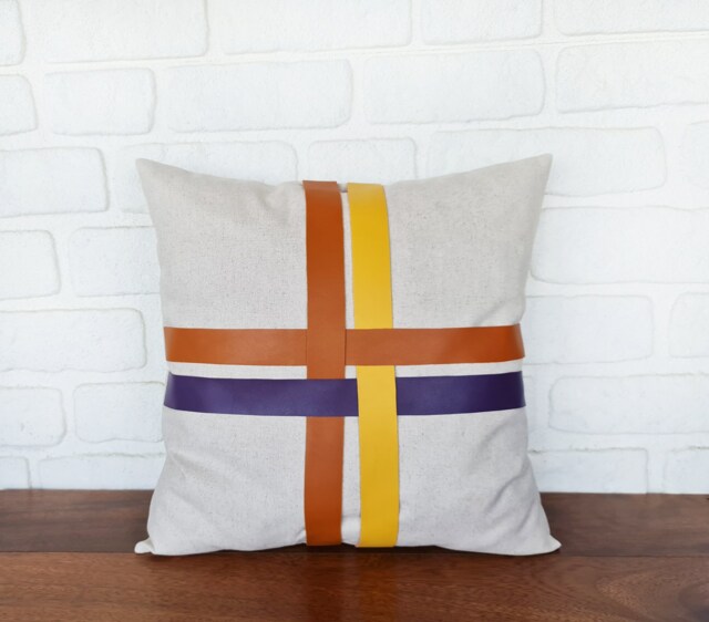 Mid Century Linen Pillow Cover Vegan Leather Straps, 16x16'' - image 1