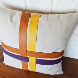 Mid Century Linen Pillow Cover Vegan Leather Straps, 16x16'' - thumbnail 3