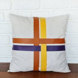 Mid Century Linen Pillow Cover Vegan Leather Straps, 16x16'' - thumbnail 2
