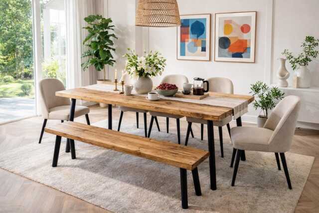 Rustic Dining Table & Bench With Steel Round Pin Legs - image 1