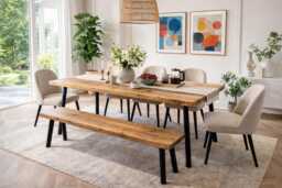 Rustic Dining Table & Bench With Steel Round Pin Legs