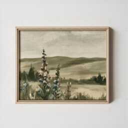 Floral Landscape Poster, Sage Meadow Wall Art, Country Painting - thumbnail 3