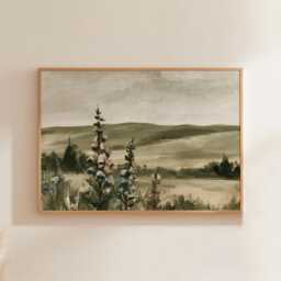 Floral Landscape Poster, Sage Meadow Wall Art, Country Painting - thumbnail 1