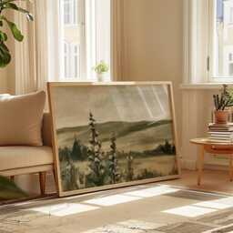 Floral Landscape Poster, Sage Meadow Wall Art, Country Painting - thumbnail 4