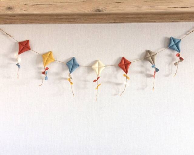 Linen Kite Garland, Nursery Wall Decor, Blue Gray Mustard Terracotta Garland - image 1