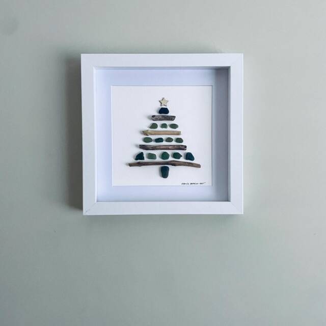 Sea Glass & Driftwood Christmas Tree Wall Art - Framed Picture Handmade in Cornwall - image 1