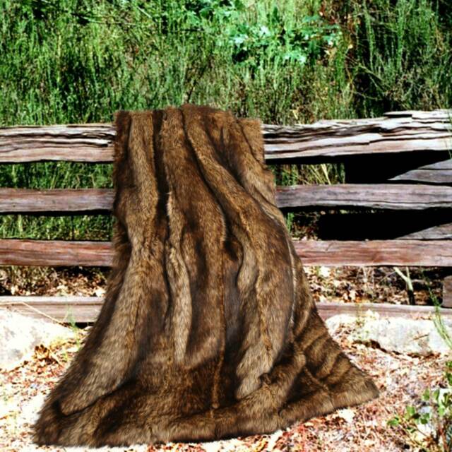 Golden Brown Wolf Faux Fur Throw Blanket - Minky Cuddle Lining - image 1