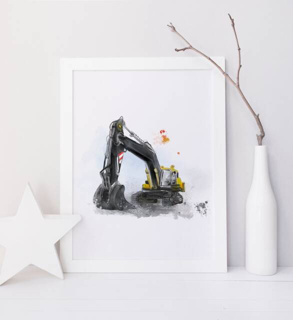 Illustration Mechanical Excavator/Truck Machinery Decorative Poster For Children's Room Playroom