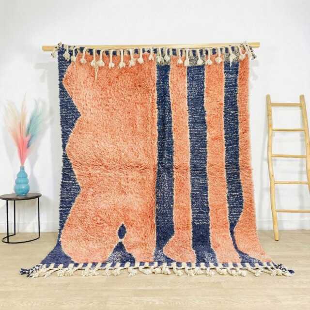 Moroccan Salmon & Navy Berber Rug, Handwoven Wool Shag Rug With Abstract Stripes, Authentic Beni Ourain Style Carpet, Large 9x12 Area - image 1