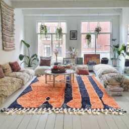 Moroccan Salmon & Navy Berber Rug, Handwoven Wool Shag Rug With Abstract Stripes, Authentic Beni Ourain Style Carpet, Large 9x12 Area - thumbnail 3