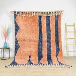 Moroccan Salmon & Navy Berber Rug, Handwoven Wool Shag Rug With Abstract Stripes, Authentic Beni Ourain Style Carpet, Large 9x12 Area - thumbnail 1