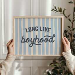 Long Live Boyhood Print Blue Stripe Kids Room Wall Art - thumbnail 1