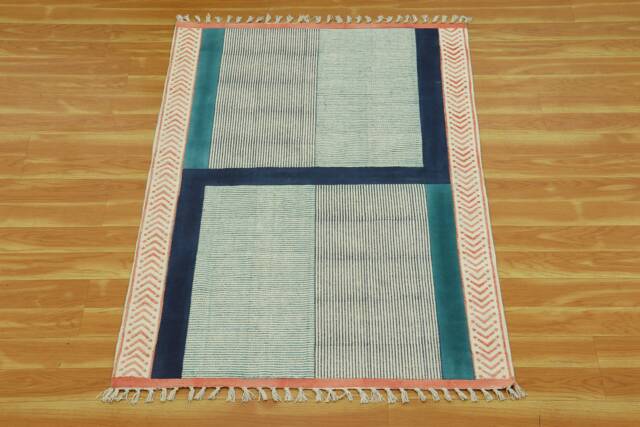 Handmade Blue Geometric Cotton Rug, Block Print Kilim - image 1