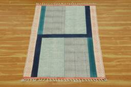 Handmade Blue Geometric Cotton Rug, Block Print Kilim - thumbnail 1