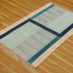 Handmade Blue Geometric Cotton Rug, Block Print Kilim - thumbnail 3