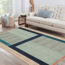 Handmade Blue Geometric Cotton Rug, Block Print Kilim - thumbnail 2