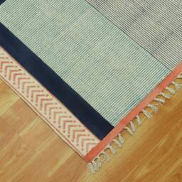 Handmade Blue Geometric Cotton Rug, Block Print Kilim - thumbnail 4