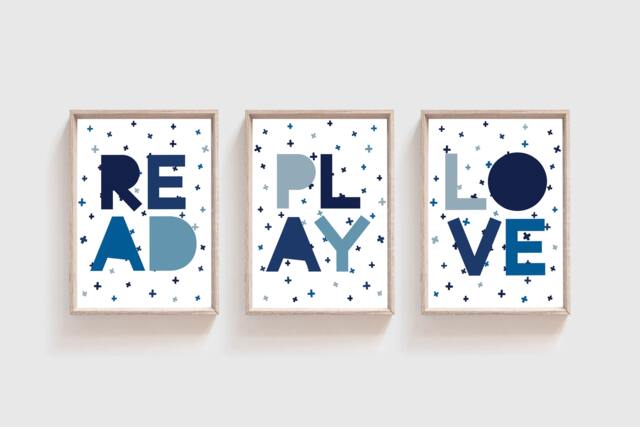 Set Of 3 Boys Nursery Prints, Read Play, Love Print, Bedroom Wall Art, Playroom Poster, Art - image 1