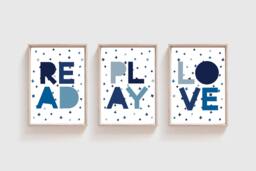 Set Of 3 Boys Nursery Prints, Read Play, Love Print, Bedroom Wall Art, Playroom Poster, Art - thumbnail 1