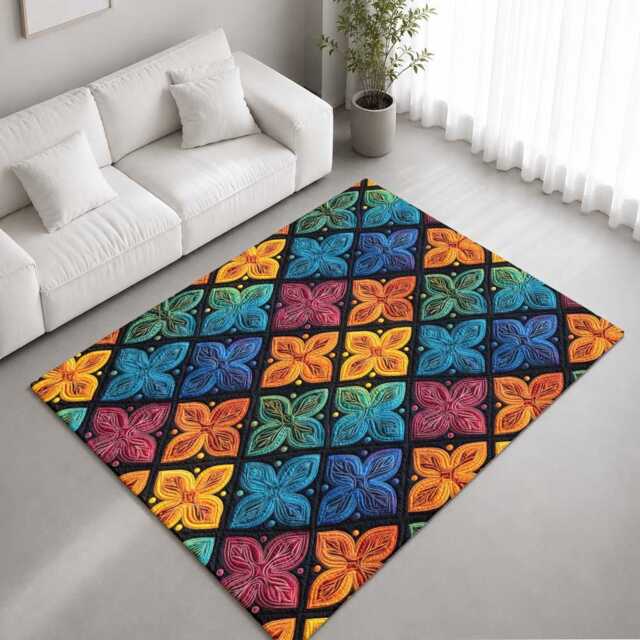 Colourful Quilted Floral Tile Pattern Rug Non-Slip Soft Area Carpet Bedroom Living Room Hallway Mat Decor - Made in UK - image 1