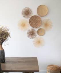 8 Woven Bamboo Rattan Wicker Seagrass Wall Art Decor Large Natural Plate Wood - thumbnail 1