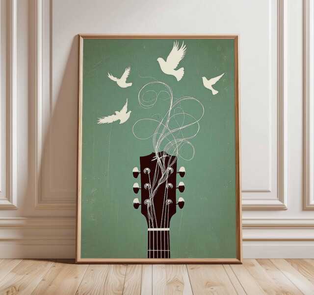 Music Wall Art, Guitar Poster With Birds, Boho Room Decor, Indie Artwork, Modern Print, Lover Gift - image 1