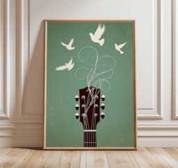 Music Wall Art, Guitar Poster With Birds, Boho Room Decor, Indie Artwork, Modern Print, Lover Gift - thumbnail 1