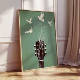 Music Wall Art, Guitar Poster With Birds, Boho Room Decor, Indie Artwork, Modern Print, Lover Gift - thumbnail 2