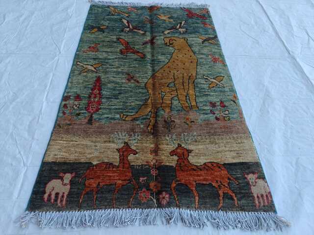 Handmade Wool Rug Cheetah & Deer Pictorial Design, 3.4 X 2.4 Ft - image 1