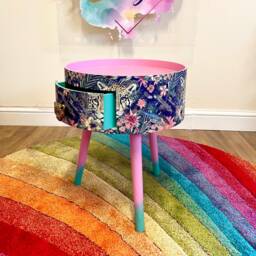 Pink Side Table, Mint Green Leopard & Floral Design. Wooden Table With Drawer. Round Nightstand For Bedroom - thumbnail 2